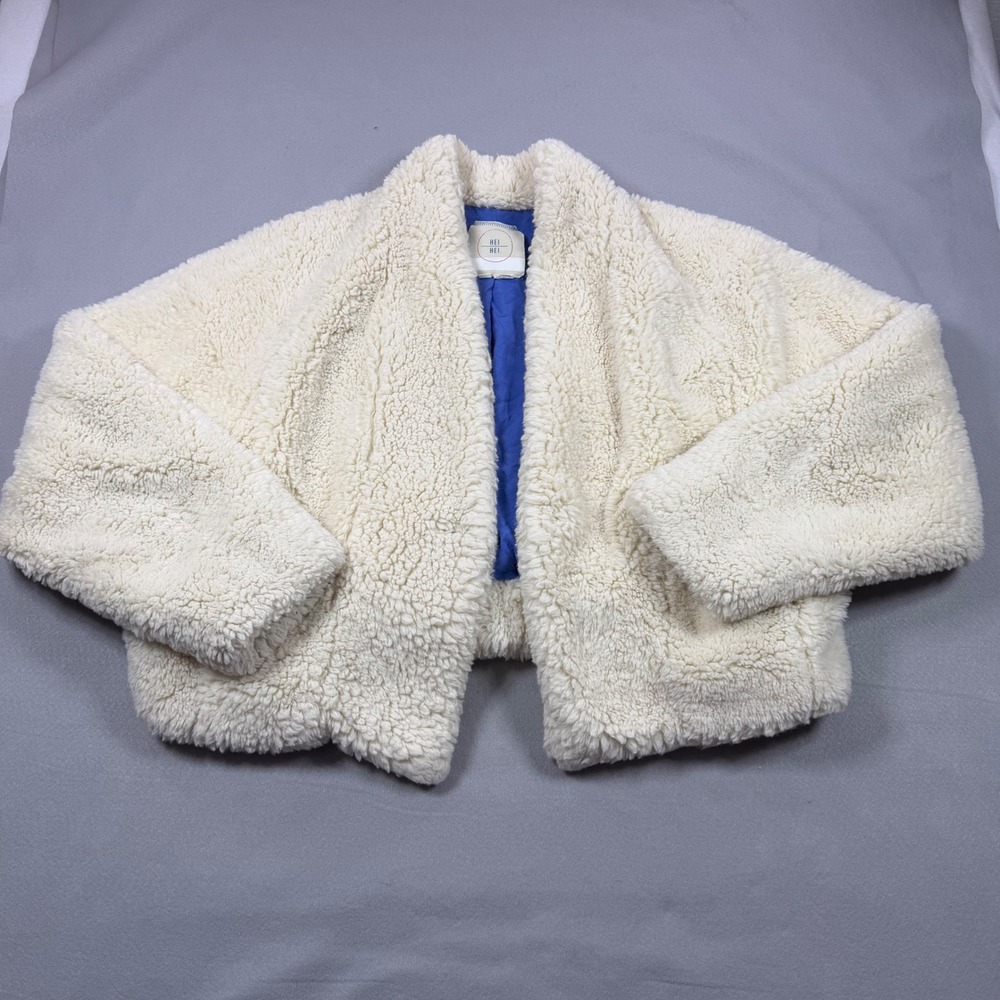 Hei Hei Anthropologie Cream Sherpa Fleece Open Front Jacket Blue Lining XL